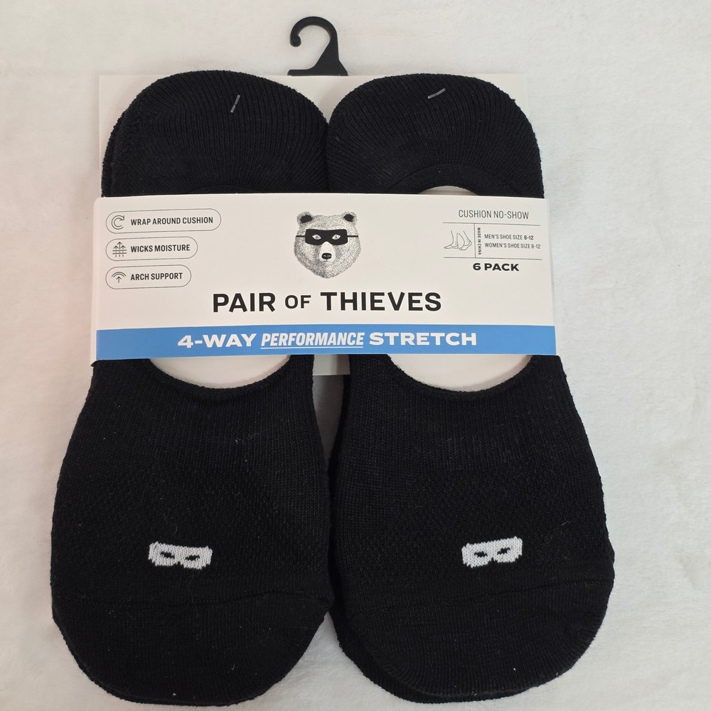 Pair of Thieves No Show Socks Mens 6-12 Black 6 Pack Performance Stretch Cushion